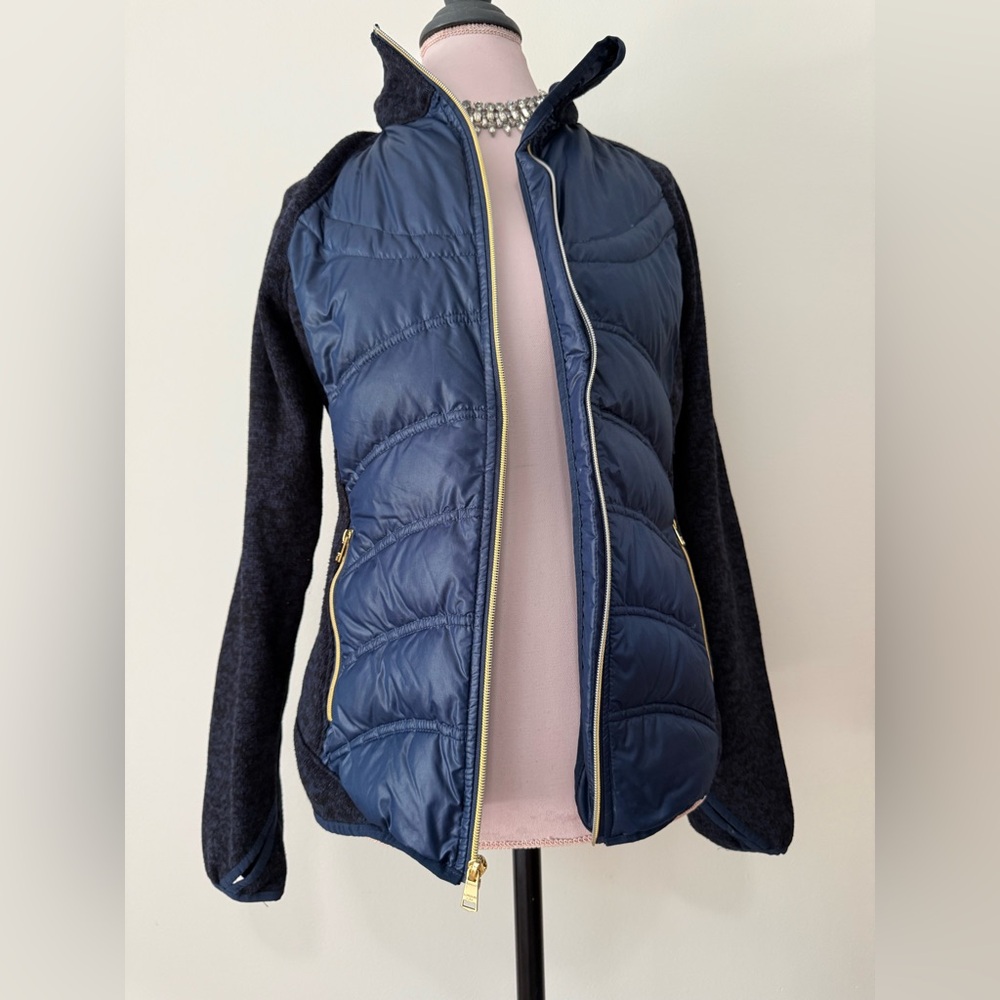 London Fog navy down puffer jacket & knit side sleeve/sidepanel in size small